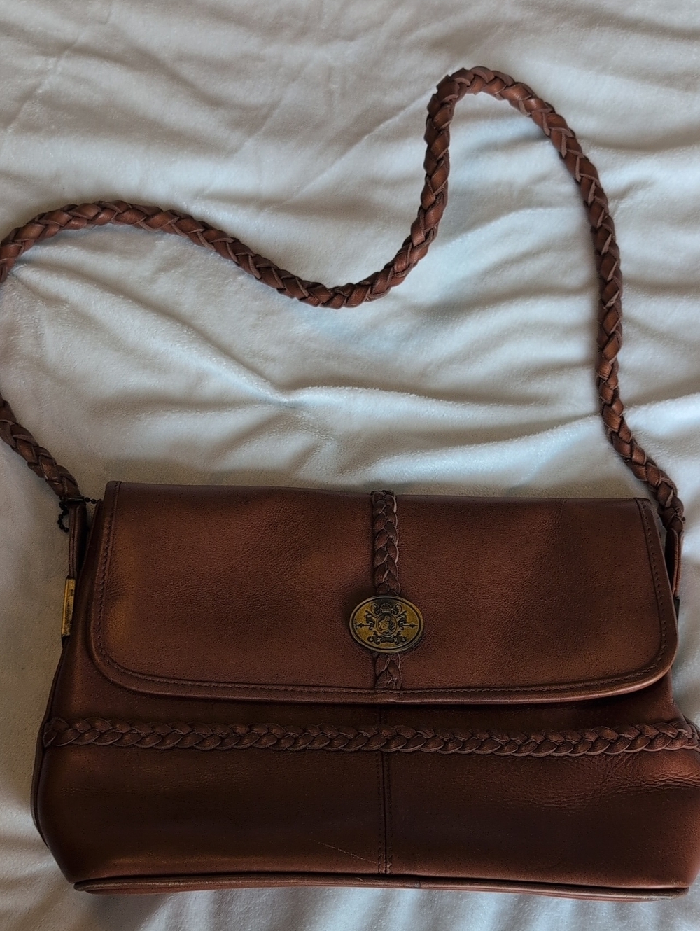 VTG American Angel Brown Mahogany Leather Crossbody Handbag Braided Trim Flap
